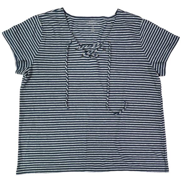 Gap Linen Blend Tee Shirt Lace Up Front Plus XXL Coastal Navy Blue White Stripes - Picture 3 of 12